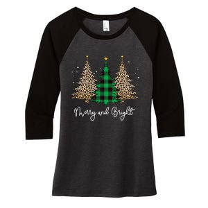 Merry And Bright Leopard Plaid Christmas Trees Women's Tri-Blend 3/4-Sleeve Raglan Shirt