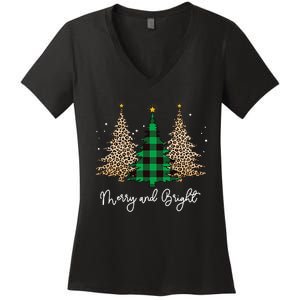 Merry And Bright Leopard Plaid Christmas Trees Women's V-Neck T-Shirt