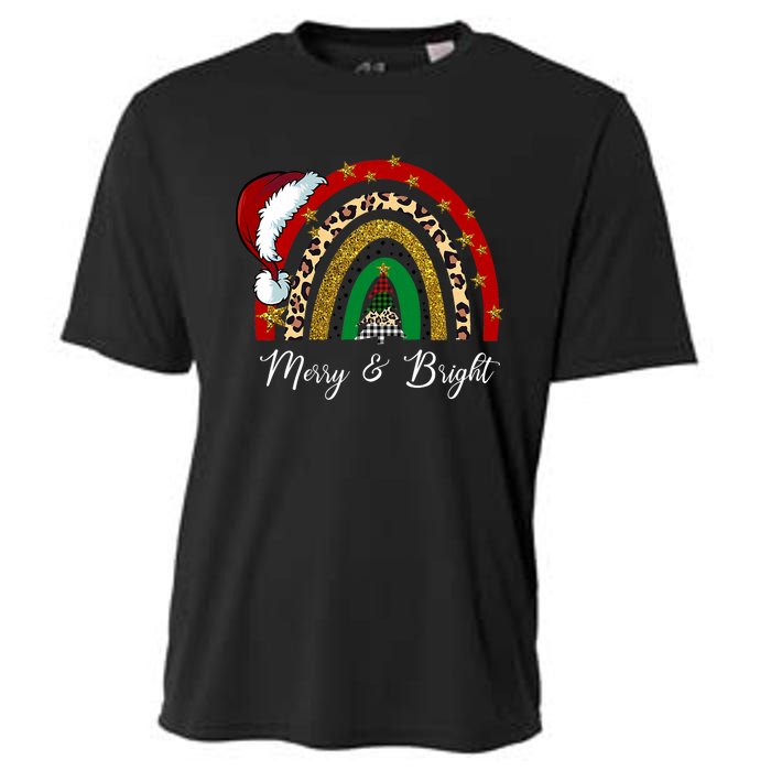 Merry And Bright Leopard Rainbow Christmas Funny Santa Hat Cooling Performance Crew T-Shirt