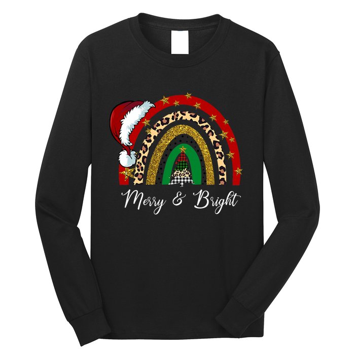 Merry And Bright Leopard Rainbow Christmas Funny Santa Hat Long Sleeve Shirt