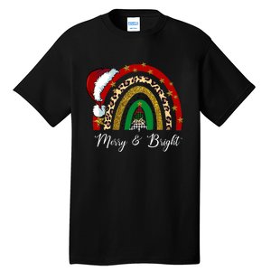 Merry And Bright Leopard Rainbow Christmas Funny Santa Hat Tall T-Shirt