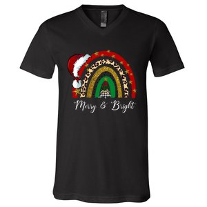 Merry And Bright Leopard Rainbow Christmas Funny Santa Hat V-Neck T-Shirt