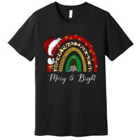 Merry And Bright Leopard Rainbow Christmas Funny Santa Hat Premium T-Shirt