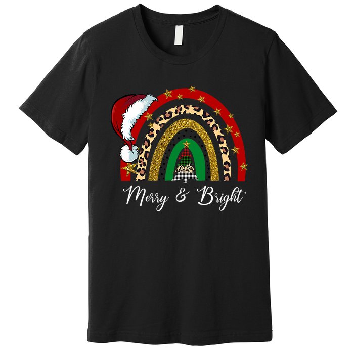 Merry And Bright Leopard Rainbow Christmas Funny Santa Hat Premium T-Shirt