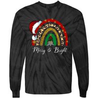 Merry And Bright Leopard Rainbow Christmas Funny Santa Hat Tie-Dye Long Sleeve Shirt