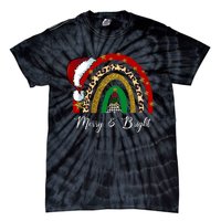 Merry And Bright Leopard Rainbow Christmas Funny Santa Hat Tie-Dye T-Shirt