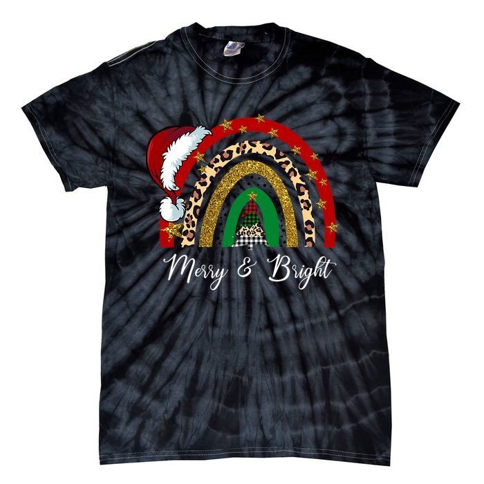 Merry And Bright Leopard Rainbow Christmas Funny Santa Hat Tie-Dye T-Shirt