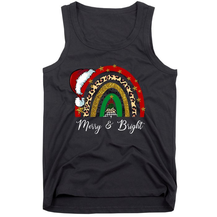 Merry And Bright Leopard Rainbow Christmas Funny Santa Hat Tank Top