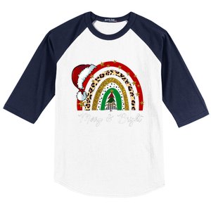 Merry And Bright Leopard Rainbow Christmas Funny Santa Hat Baseball Sleeve Shirt