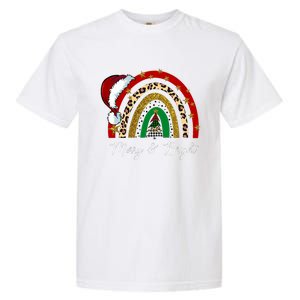 Merry And Bright Leopard Rainbow Christmas Funny Santa Hat Garment-Dyed Heavyweight T-Shirt