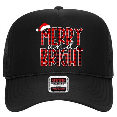 Merry And Bright Buffalo Plaid Red Santa Hat Christmas Xmas High Crown Mesh Back Trucker Hat