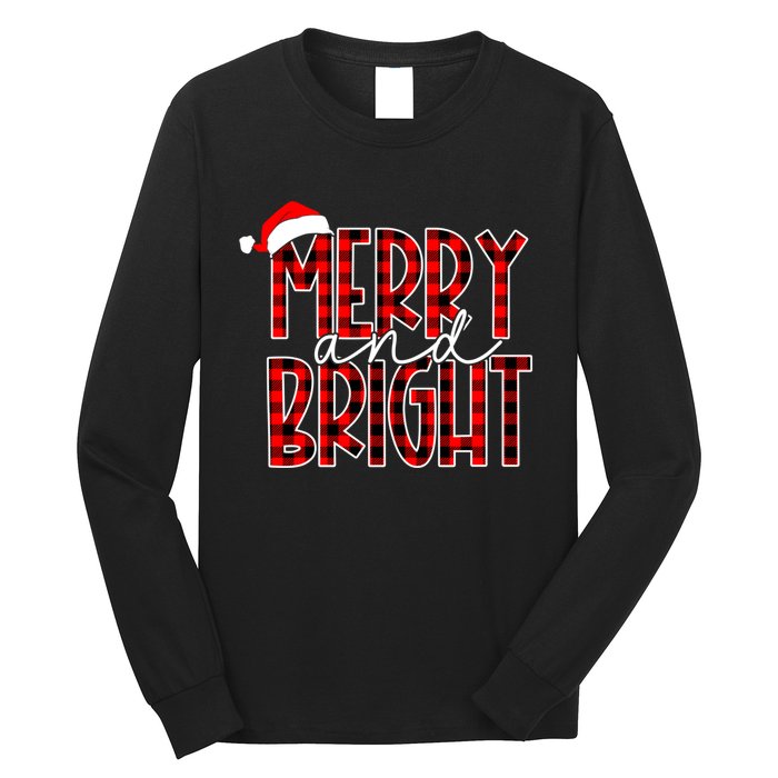 Merry And Bright Buffalo Plaid Red Santa Hat Christmas Xmas Long Sleeve Shirt