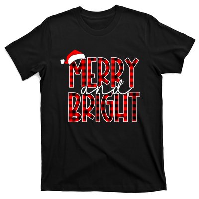 Merry And Bright Buffalo Plaid Red Santa Hat Christmas Xmas T-Shirt