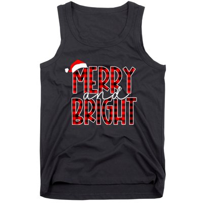 Merry And Bright Buffalo Plaid Red Santa Hat Christmas Xmas Tank Top