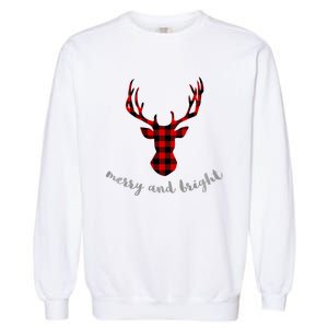 Merry And Bright Buffalo Plaid Deer Head Long Sleeved Garment-Dyed Sweatshirt