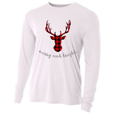 Merry And Bright Buffalo Plaid Deer Head Long Sleeved Cooling Performance Long Sleeve Crew