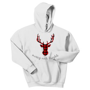 Merry And Bright Buffalo Plaid Deer Head Long Sleeved Kids Hoodie