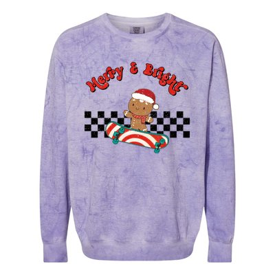 Merry And Bright Christmas Funny Skateboarding Gingerbread Gift Colorblast Crewneck Sweatshirt