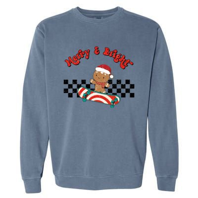 Merry And Bright Christmas Funny Skateboarding Gingerbread Gift Garment-Dyed Sweatshirt