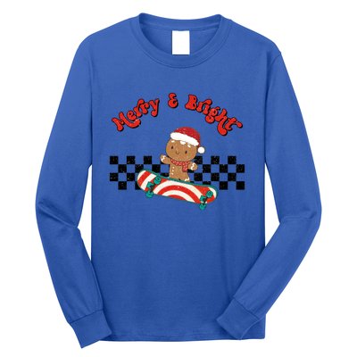 Merry And Bright Christmas Funny Skateboarding Gingerbread Gift Long Sleeve Shirt