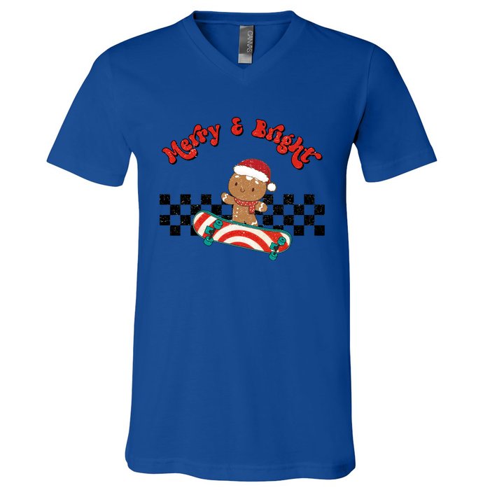 Merry And Bright Christmas Funny Skateboarding Gingerbread Gift V-Neck T-Shirt