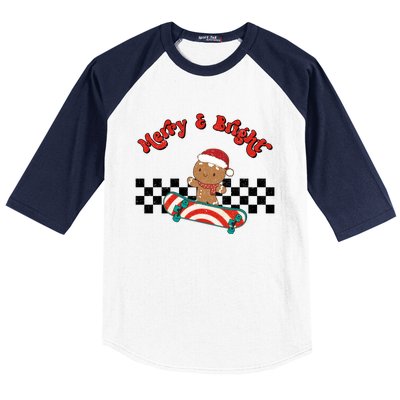 Merry And Bright Christmas Funny Skateboarding Gingerbread Gift Baseball Sleeve Shirt