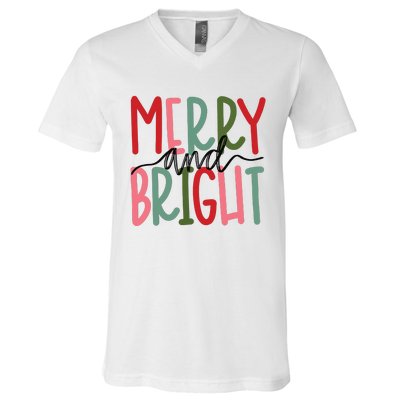 Merry And Bright Christmas Women Girls Cute V-Neck T-Shirt