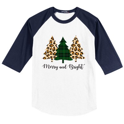 Merry And Bright Plaid And Cheetah Merry Christmas Trees Baseball Sleeve Shirt