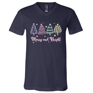 Merry And Bright Christmas Tree Merry Xmas Girl Women Cute V-Neck T-Shirt