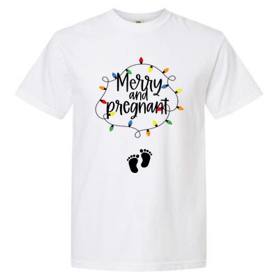 Merry And Bright Pregnant Christmas Light Baby Announcement Garment-Dyed Heavyweight T-Shirt