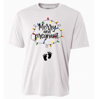 Merry And Bright Pregnant Christmas Light Baby Announcement Cooling Performance Crew T-Shirt