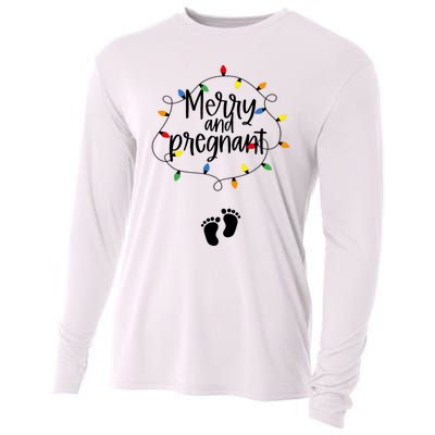 Merry And Bright Pregnant Christmas Light Baby Announcement Cooling Performance Long Sleeve Crew