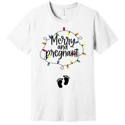 Merry And Bright Pregnant Christmas Light Baby Announcement Premium T-Shirt