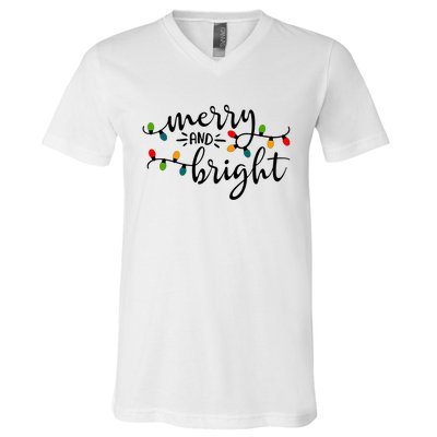 Merry And Bright Christmas 2021 Lights Xmas Family Holiday V-Neck T-Shirt