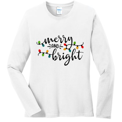 Merry And Bright Christmas 2021 Lights Xmas Family Holiday Ladies Long Sleeve Shirt