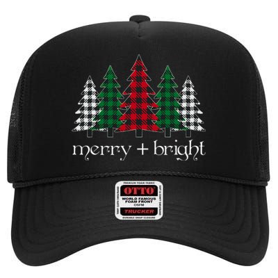 Merry And Bright Red Buffalo Plaid Christmas Trees High Crown Mesh Back Trucker Hat