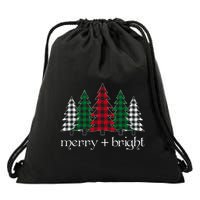 Merry And Bright Red Buffalo Plaid Christmas Trees Drawstring Bag