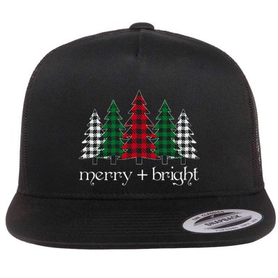 Merry And Bright Red Buffalo Plaid Christmas Trees Flat Bill Trucker Hat