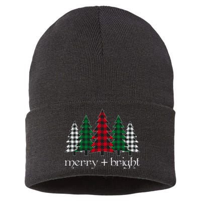 Merry And Bright Red Buffalo Plaid Christmas Trees Sustainable Knit Beanie