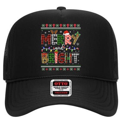 Merry And Bright Buffalo Red Plaid Family Christmas Matching High Crown Mesh Back Trucker Hat