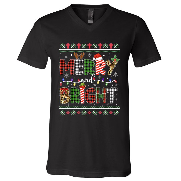 Merry And Bright Buffalo Red Plaid Family Christmas Matching V-Neck T-Shirt