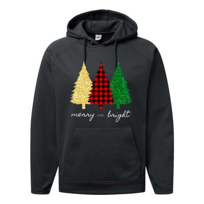 Merry And Bright Red Yellow Green Christmas Trees Premium Performance Fleece Hoodie