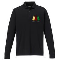 Merry And Bright Red Yellow Green Christmas Trees Premium Performance Long Sleeve Polo