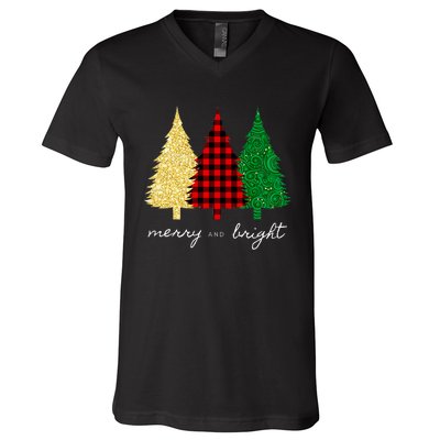 Merry And Bright Red Yellow Green Christmas Trees Premium V-Neck T-Shirt