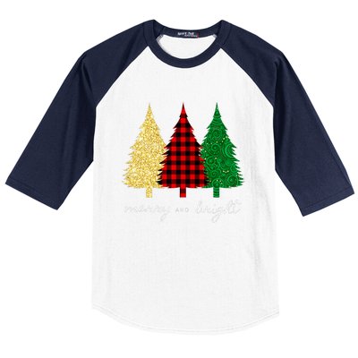 Merry And Bright Red Yellow Green Christmas Trees Premium Baseball Sleeve Shirt