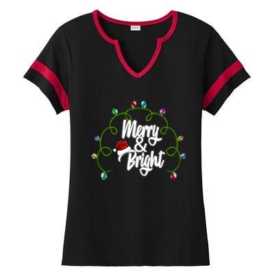 Merry And Bright Santa Hat Colorful Lights Christmas Gift Ladies Halftime Notch Neck Tee