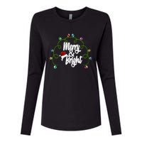 Merry And Bright Santa Hat Colorful Lights Christmas Gift Womens Cotton Relaxed Long Sleeve T-Shirt