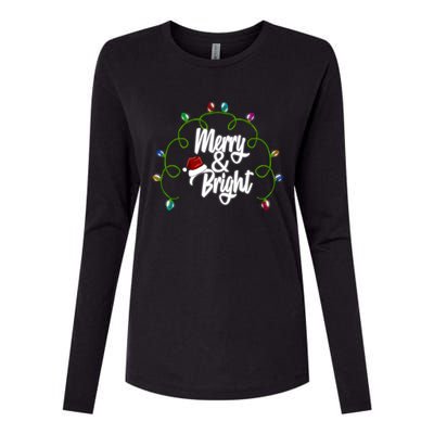 Merry And Bright Santa Hat Colorful Lights Christmas Gift Womens Cotton Relaxed Long Sleeve T-Shirt