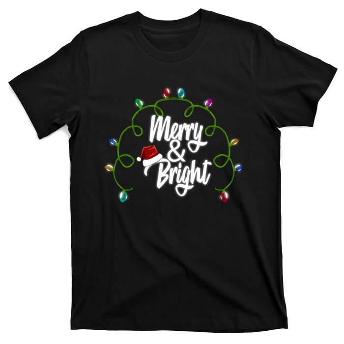 Merry And Bright Santa Hat Colorful Lights Christmas Gift T-Shirt