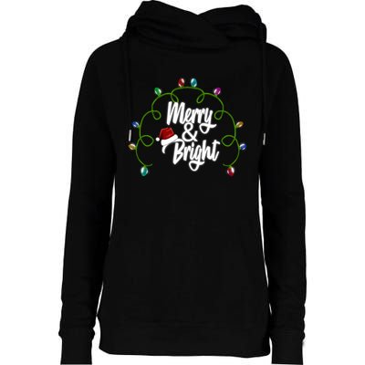 Merry And Bright Santa Hat Colorful Lights Christmas Gift Womens Funnel Neck Pullover Hood